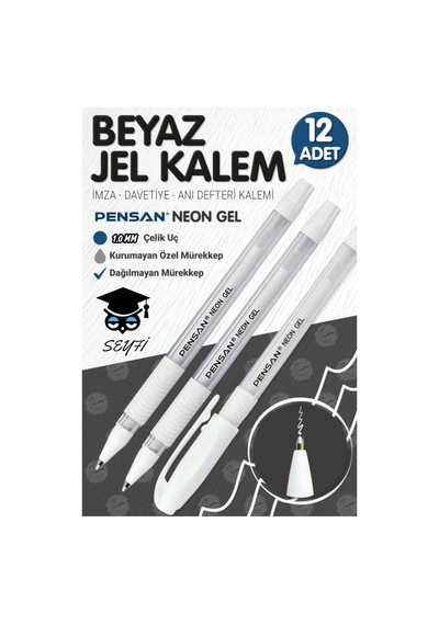 Pensan Neon Jel Kalem Tükenmez Kalem 1 Mm Beyaz 12'li Çok Renkli
