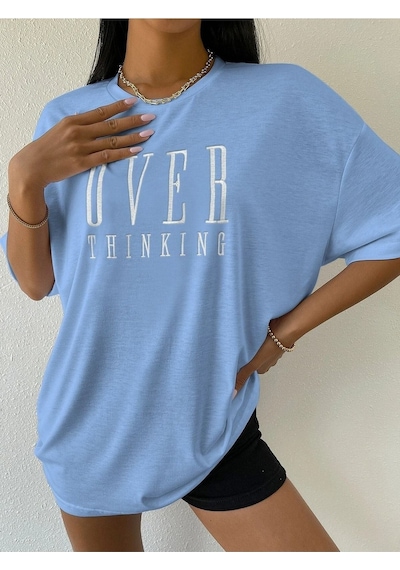 Over Thinking T-shirt - Bebe Mavisi Baskılı Oversize Bisiklet Yaka Kısa Kol Tişört Bebe Mavisi Over Thinking T-shirt - Bebe Mavisi Baskılı Oversize Bisiklet Yaka Kısa Kol Tişört Bebe Mavisi