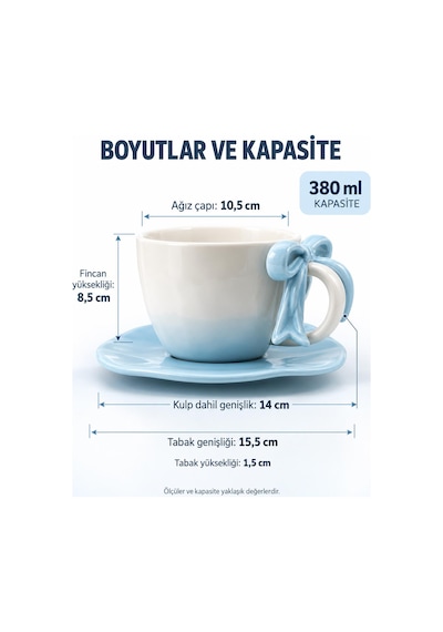 Valkyrie Ribbon Serisi 2 Parça 380 Ml Mavi Fiyonklu Tabaklı Çay Kahve Kupa Fincan Seti