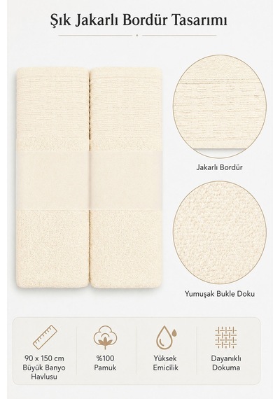2'li Büyük Boy Banyo Havlusu 90x150 Cm %100 Pamuk Siena Collection 650 Gr Krem