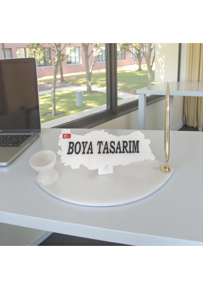 Doğal Beyaz Mermer Masa İsimlik Kalem Ve İğnelikli