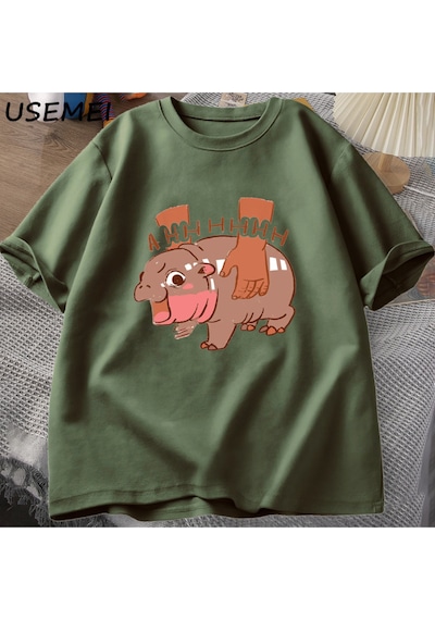 Flood Of Style Moo Deng Meme T Shirt Komik I Love Moo Deng Tee Hippo Sevgilisi T-shirt Pamuk Kısa Kol Yeşil
