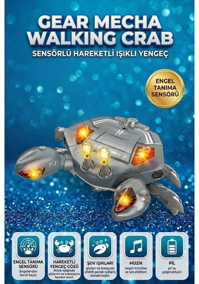 Işıklı, Pilli, Müzikli, Yürüyen, Engellerden Kaçan Mekanik Kıskaçlı Akıllı Yengeç Oyuncak Siyah