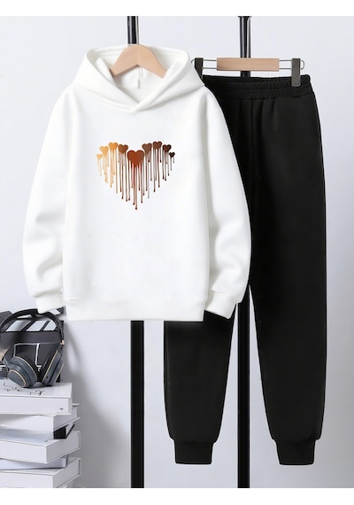 Uyguntarz Eriyen Kalpler Baskılı Oversize Çocuk Sweatshirt Eşofman Takım Beyaz