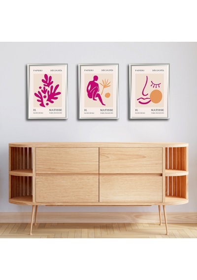 Henri Matisse 3'lü Alüminyum Çerçeveli Poster Seti - Önden Açılır A3 Açılır Kapanır Çerçeve Seti Fuşya Pembe Soyut Figürler, Gümüş