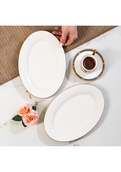 Porsima 4442 Gardenya Porselen Platin Fileli Kayık Tabak Seti - Oval Kahvaltılık Sunumluk Seti 25cm Beyaz