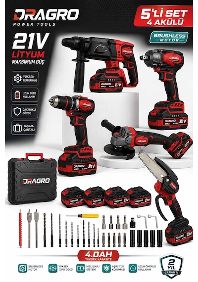 Dragro Drg-21v Darbeli Kömürsüz Kkırıcı Delici Hilti & Taşlama & Matkap & Somun Sıkma Sökme Dal Budama 5 Li Set 4 Akülü