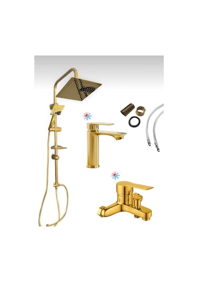 Viosa Kare Model Gold Yağmurlama Tepe Duş Seti Banyo Lavabo Bataryası 3'lü Set Krom