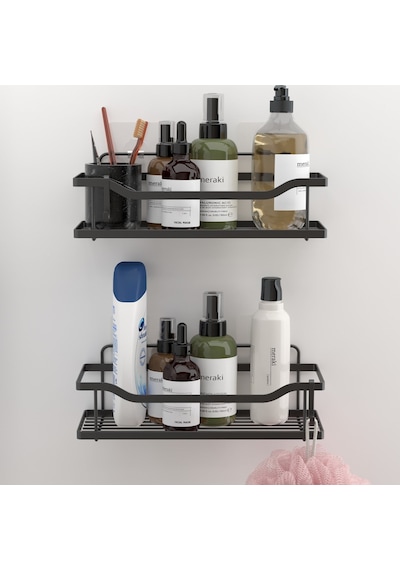 Teknotel Yapışkanlı Kancalı 2 Adet Banyo Rafı Mat Siyah St285h Çok Renkli