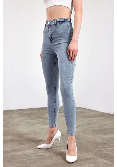 Kar Yıkama Yüksek Bel Skinny Fit Jean Likralı Önü Cepsiz Tayt Pantolon Kar Yıkama