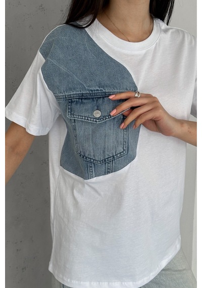 Femelle Kadın Beyaz Denim Kot Detaylı Cepli Tasarım Pamuklu Tişört