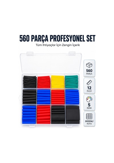 560 Parça Kablo İzolasyon Makaron Seti 12 Ölçü 5 Renk Heat Shrink Tube Organizer Kutulu Belirtilmemis