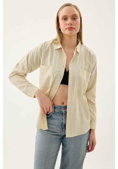 Vitrin Basic Oversize Önden Cepli Gömlek Taş