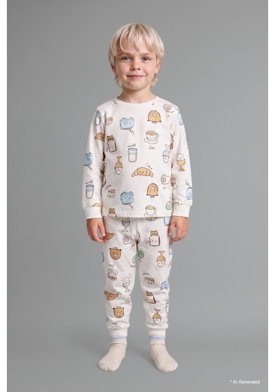 Defacto Baskılı Uzun Kollu Üst Elastik Bel Alt 2li Pijama Takımı Erkek Bebek H6539a526auer233 Ekru-er233