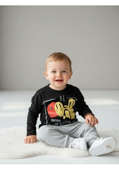 Zekids Erkek Bebek Pamuklu Emoji Baskılı İnce Uzun Kollu T-shirt-12532 Siyah