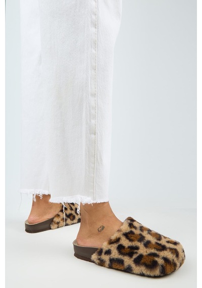Manijero Leda Kadın Peluş Düz Taba Leopar Terlik Taba - Leopar
