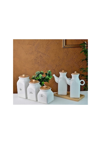 6 Parça Ahşap Standlı Kare Porselen Yağdanlık 3'lu Çay Şeker Tuz Kavanoz Set Çeyizlik Set Beyaz Beyaz