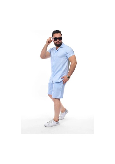 Mcz Giyim Keten Bebe Mavisi Renk Slim Fit Erkek Şort - Gömlek Alt Üst Takım