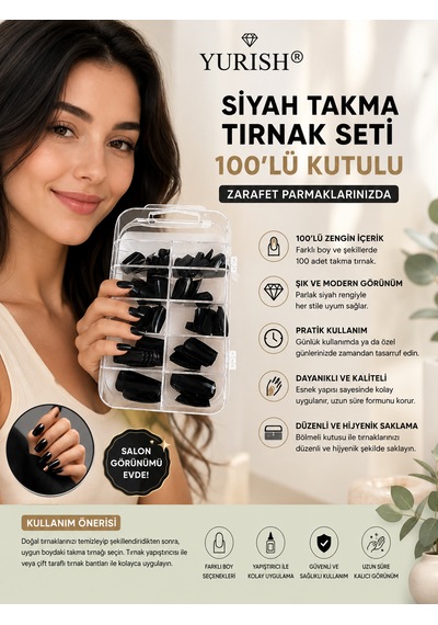 Siyah Takma Tırnak Seti 100'lü Kutulu