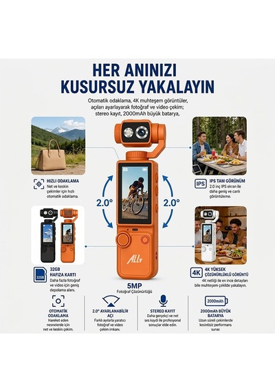 Ally Q8 Pocketpro 4k Dijital Vlog Kamerası Turuncu