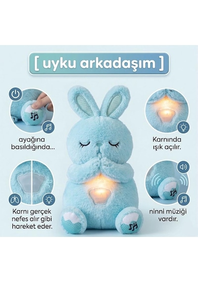 Nefes Alan Işıklı Müzikli Uyku Arkadaşı Tavşan 30 Cm Ninni Söyleyen Göğsü Hareketli Uyku Oyuncağı Mavi