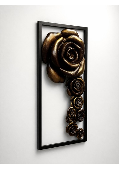 3d Kabartmalı Bronz-koyu Kahve Gül Duvar Dekoru Modern Çerçeveli Tasarım 30x66x10 Cm