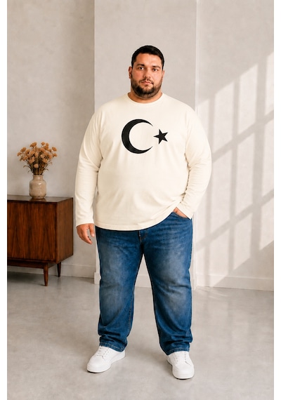 Sngl Tekstil Erkek Büyük Beden Uzun Kollu Ay Yıldız Baskılı Tişört 3xl 4xl 5xl 6xl 7xl 8xl 9xl Ekru