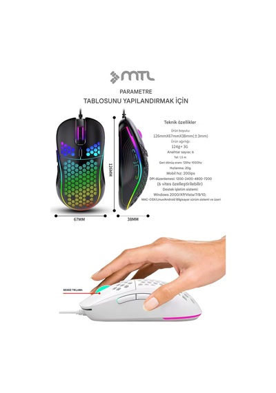 Kablolu Rgb Işıklı Grafik Ve Oyuncu Mouse - Honeycomb Petek Tasarım 1200 - 2400 - 4800 - 7200 Dpı Diğer