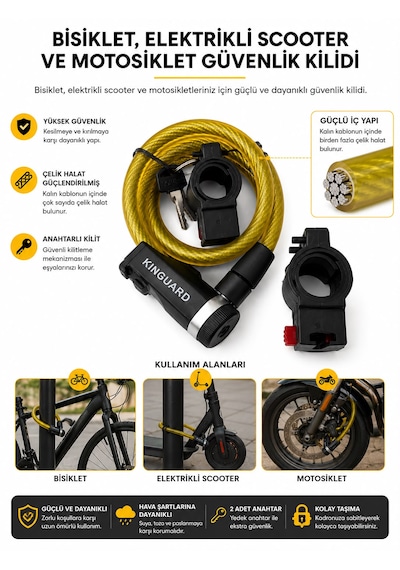 Motosiklet Bisiklet E-scooter Uyumlu Kablo Kilit Metal Güvenlik Kilidi 2 Anahtarlı 15x120cm