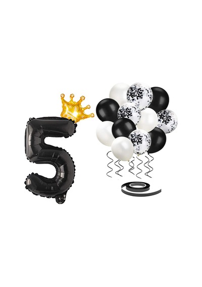 5 Rakam Siyah Folyo Balon, Kral Tacı Ve Konfetili Siyah Balon Set
