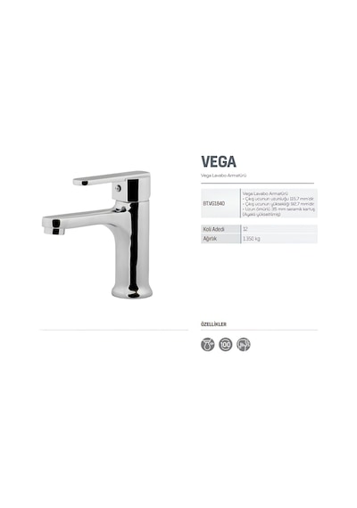 Creavit Vega Lavabo Banyo Eviye Bataryası 3'lü Set VG1840-VG2840-VG8640 Krom