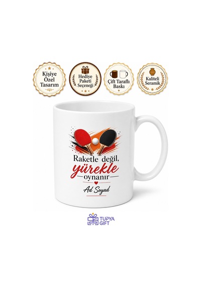 İsimli Masa Tenisi Desenli Baskılı Kupa Bardak Ping Pong Hediye Beyaz / Çok Renkli