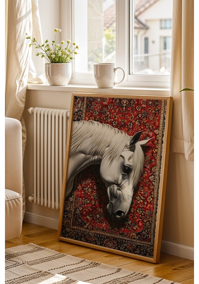 Beyaz At Ve Geleneksel Kilim Desenli Çerçeveli Tablo - Ramazan Özel Seri Etnik Duvar Dekoru Kayın
