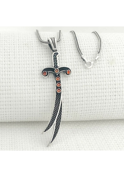 Mh-223 925 Ayar Gümüş Kırmızı Taşlı Zülfikar Model Erkek Kolye Gümüş