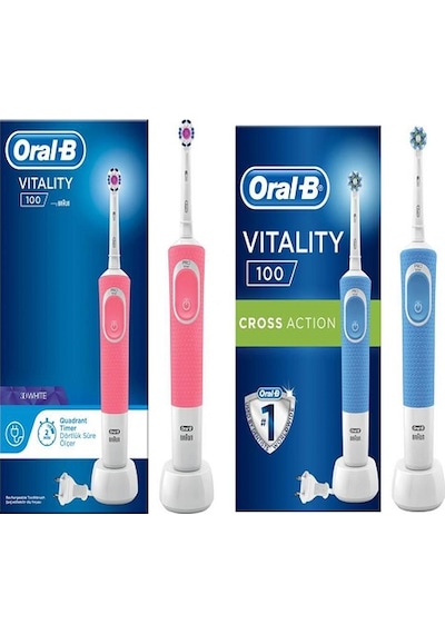 Oral-B D100 3D White Pembe Şarjlı Diş Fırçası + Cross Vitality Mavi Şarjlı Diş Fırçası