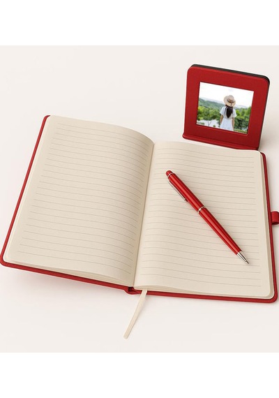 Kişiye Özel İsimli Defter Kalem Fincan Fotoğraf Kırmızı Set -