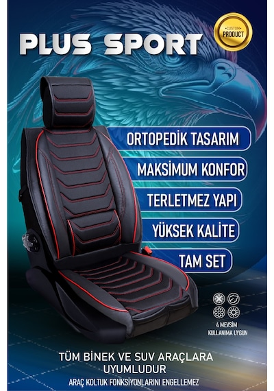 Kia Sportage Yeni Lüx Deri Oto Koltuk Kılıfı Ön Arka Takım Antalya Serisi Siyah Kırmızı