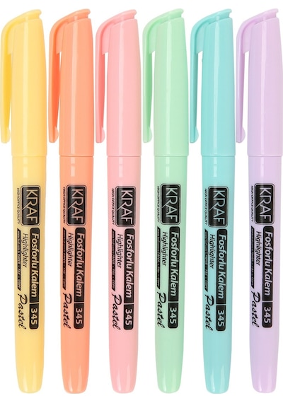 Kraf 345 Fosforlu Kalem Tipi Pastel Renkler 6'lı Paket Çok Renkli