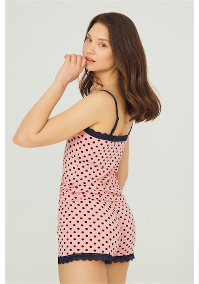 Cottonhill Pembe Lacivert Puantiyeli İnce Askılı Şortlu Pamuklu Pijama Takım Çok Renkli