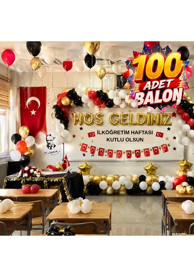 100 Adet Balonlu Sınıf Süsleme Seti Gold Folyo Harfler Beyaz Kırmızı Siyah Gold Balonlar Okul Sınıf Pano Süsleme İlköğretim Haftası Kutlama 100 Balonlu Set