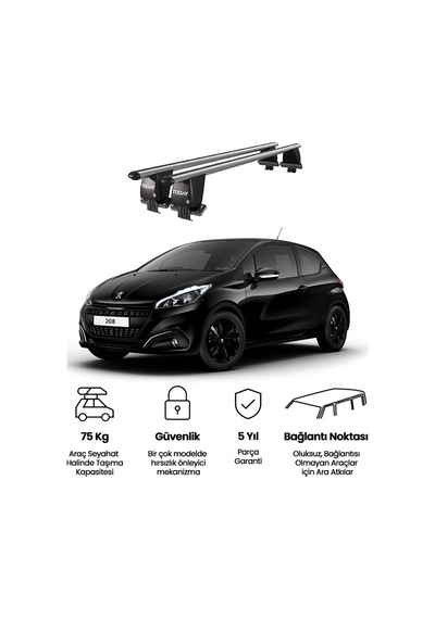 Royal Peugeot 208 2015-2019 Uyumlu Gri Kilitli Ara Atkı Port Bagaj Tavan Barı