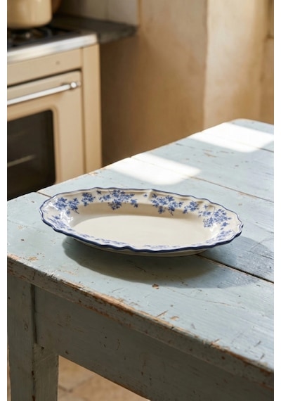 Acar Vintage Garden Mavi Çiçek Desenli Beyaz Porselen Oval Tabak 19 Cm Çok Renkli