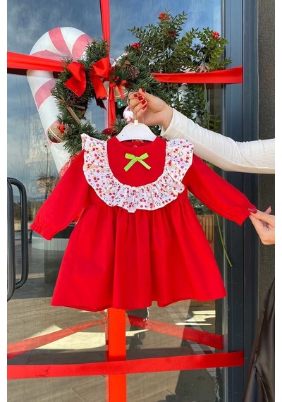 Çiçekli Fırfır Ve Kurdele Detaylı Cici Kız Çocuk Bebek Bayram Doğum Günü Kırmızı Elbise 001