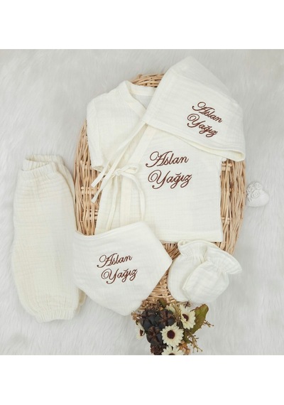 Gros Shop 4 Katlı Müslin 5'li Kimono Bağcıklı Tulum %100pamuk Hastane Çıkışı Kişiye Özgü İsimli Nakış Desenli Ekru
