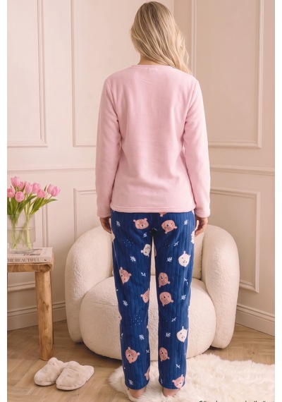 Siyah İnci Pembe Nakışlı Alt-üst Polar Kışlık Örme Pijama Takım 26222128