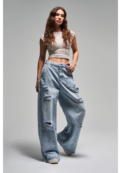 it's basic Kadın Kot Rengi 12s5-3 Mega Baggy Fit Süper Bol %100 Koton Orta Bel Denim Jean Mavi