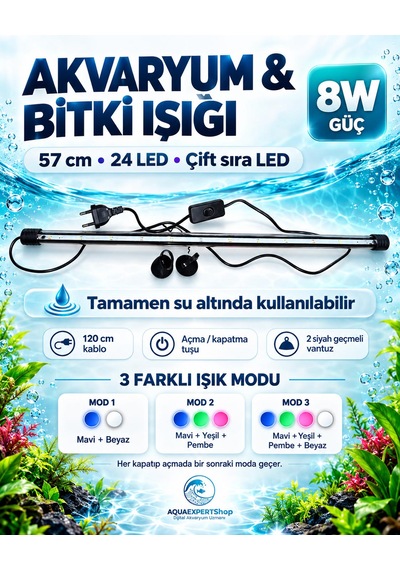 Akvaryum Işığı - Balık Işığı - Bitki Işığı - 57 Cm - 24 Led - Tamamen Su İçinde Kullanılabilir - 3 Modlu - 8w - Mükemmel Işık
