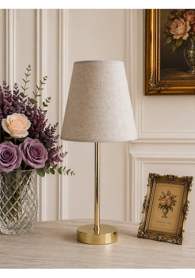 Vizon Kumaş Başlık Gold Düz Metal Ayaklı Modern Abajur 45x25 Cm