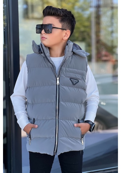 Pina Kids Erkek Çocuk Çıtçıt Kapüşonlu Nova Kumaş Şişme Yelek Ylk3026 Füme