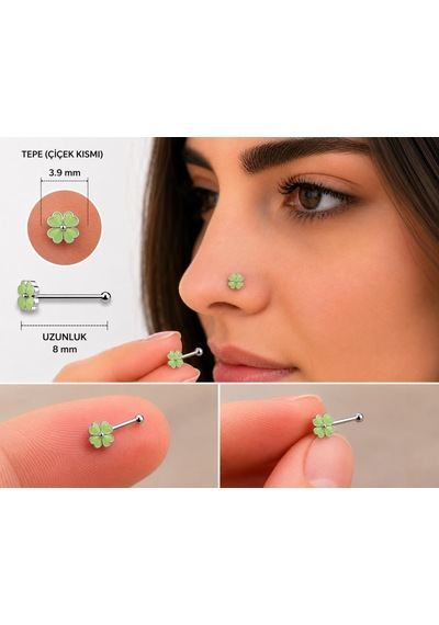 925 Ayar Gümüş Burun Hızması Açık Yeşil Çiçek Desenli Minimal Nose Stud Kadın Erkek Unisex 8 Mm Gri